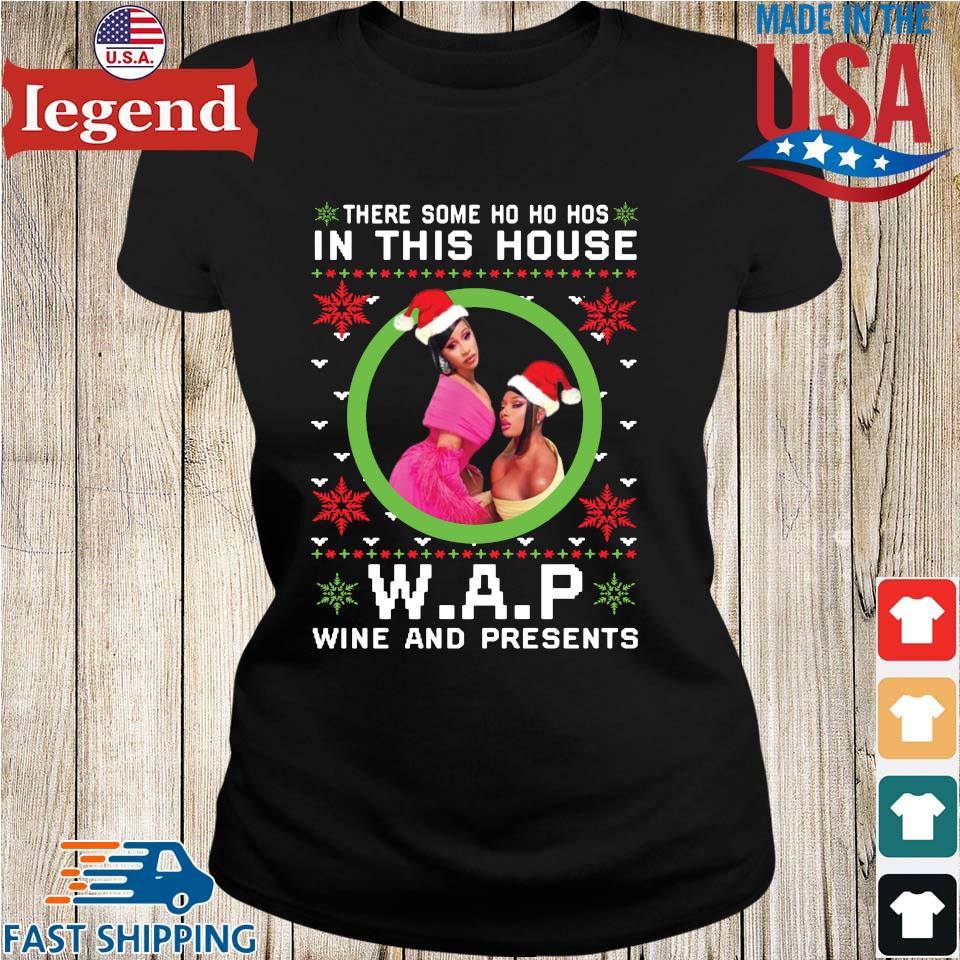 Cardi B there some ho ho hos in this house WAP wine and presents Ugly Christmas sweater Sweater Hoodie And Long Sleeved Ladies Tank Top