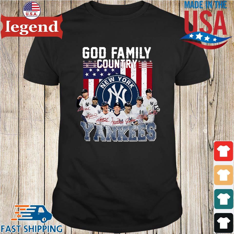 God family country New York Yankees signatures American flag shirt