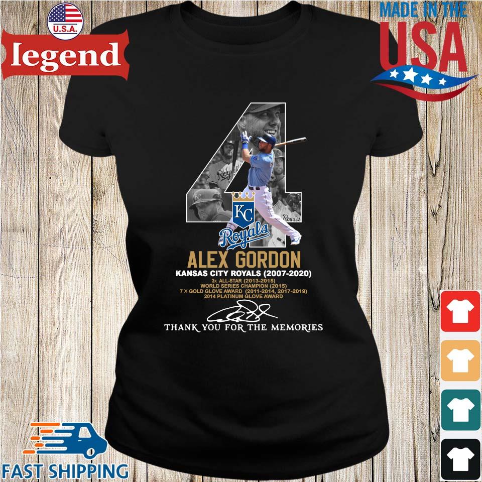 4 alex gordon kansas city royals 2007 2020 thank for the memories  signatures shirt, hoodie, sweater, long sleeve and tank top