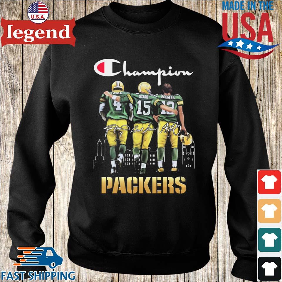 Green Bay Packers Champion Quarterback Brett Favre Bart Starr and Aaron  Rodgers signatures shirt,Sweater, Hoodie, And Long Sleeved, Ladies, Tank Top