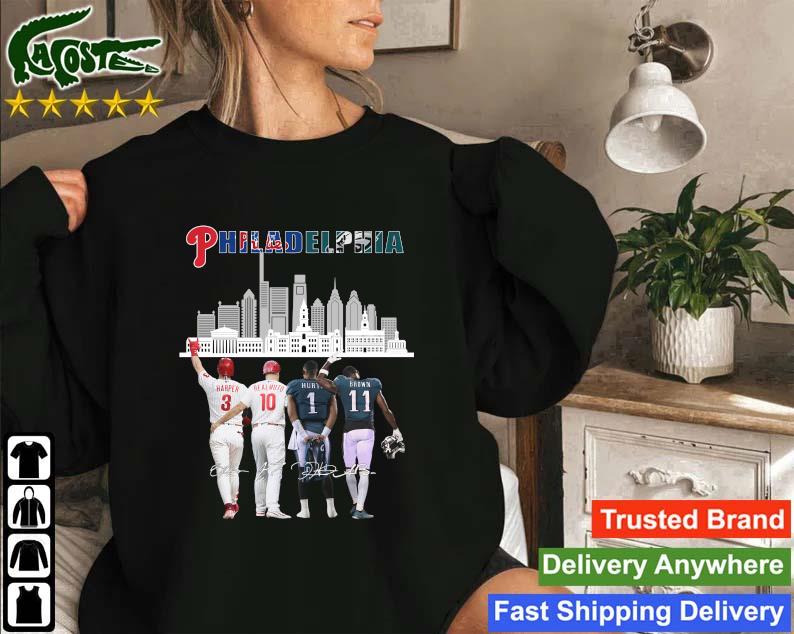 Philadelphia skyline philadelphia phillies and philadelphia eagles  signatures 2022 shirt, hoodie, sweater, long sleeve and tank top