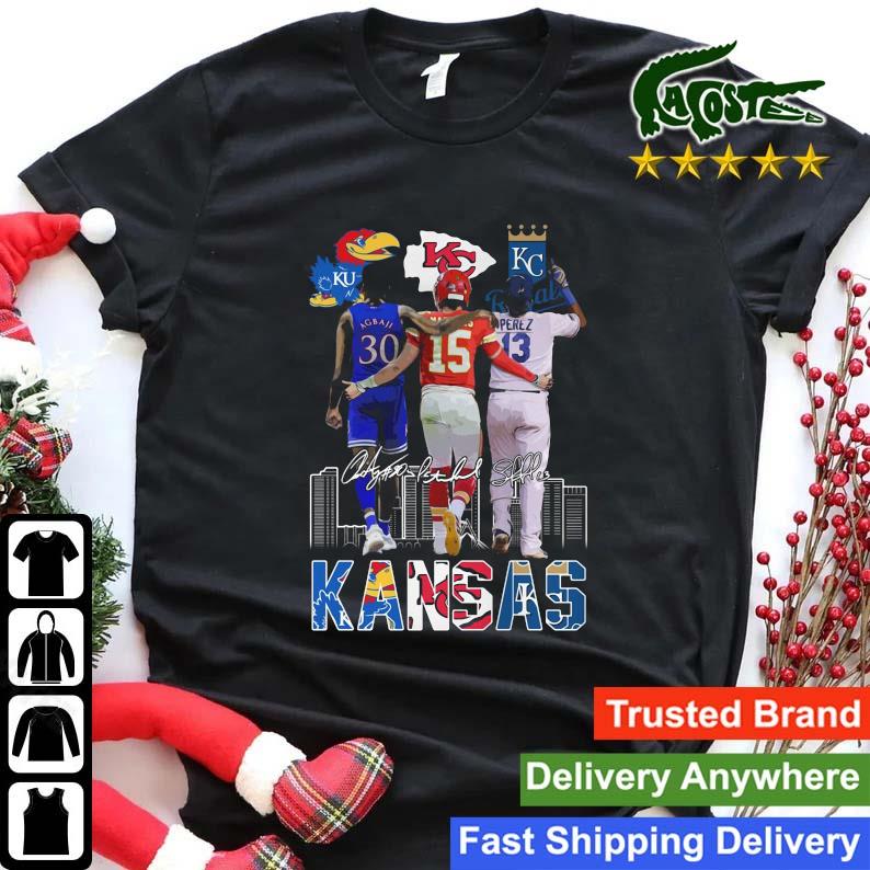 Kansas Sport teams Patrick Mahomes Ochai Agbaji And Salvador Pérez  Signatures 2022 Shirt