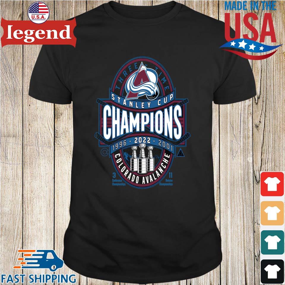Three - Time NHL Stanley Cup Champions 1996, 2001, 2022 Colorado Avalanche  Shirt - Teespix - Store Fashion LLC