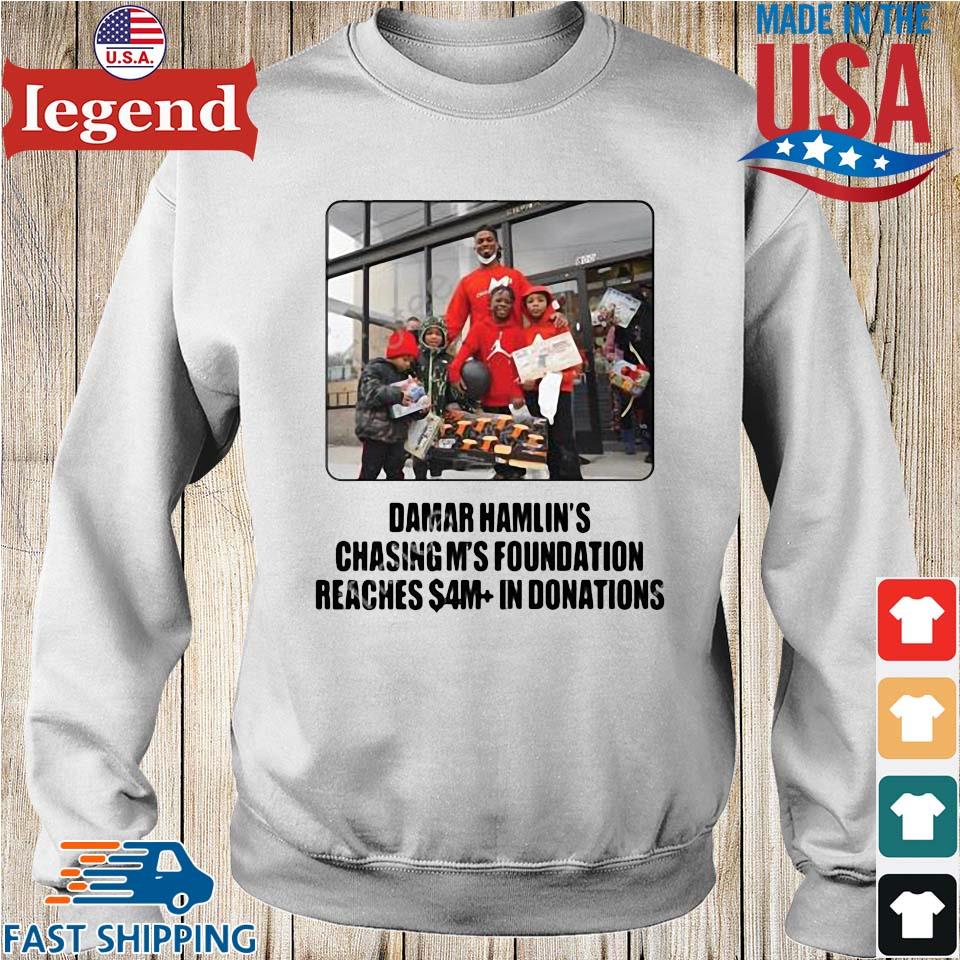 Damar Hamlin Support Shirt, Chasing M's Foundation” graphic tee, pullover  crewneck, pullover hoodie, and tank by Nowak Creative Studio.