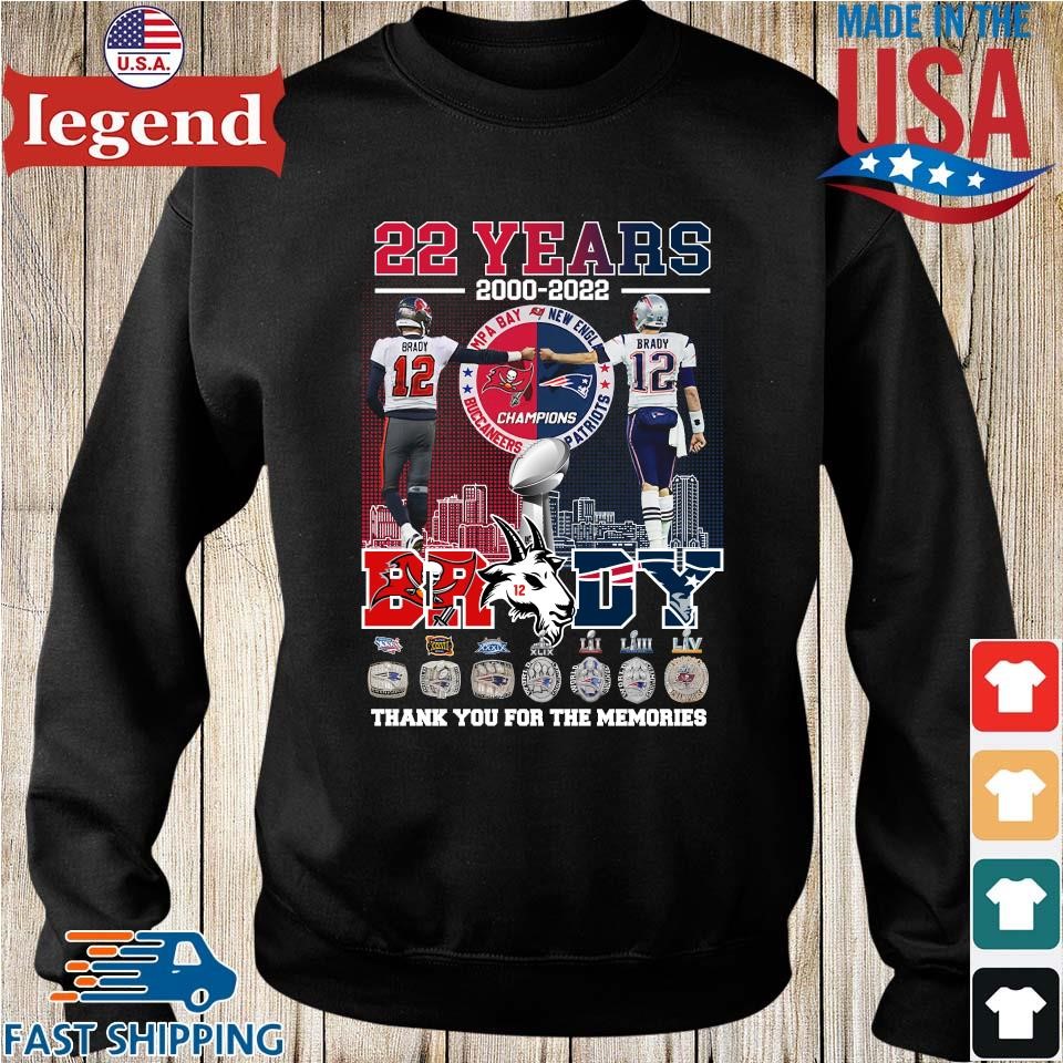 New England Patriots Tampa Bay Buccaneers 22 years 2000-2022 Tom Brady  thank you for the memories shirt, hoodie, sweater, long sleeve and tank top