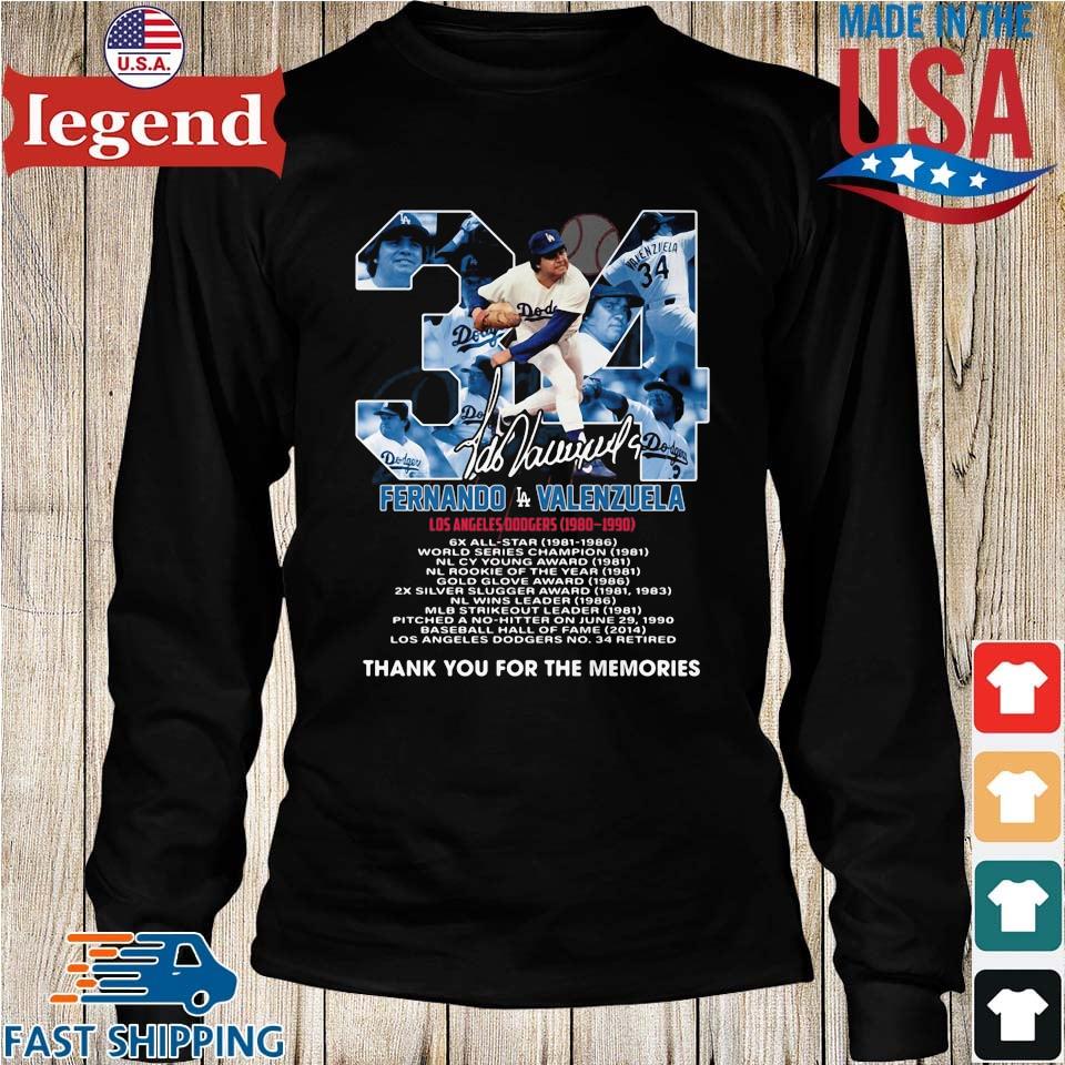 Fernando Valenzuela 34 Los Angeles Dodgers 1980 1990 Signature Thank You  For The Memories T-shirt,Sweater, Hoodie, And Long Sleeved, Ladies, Tank Top