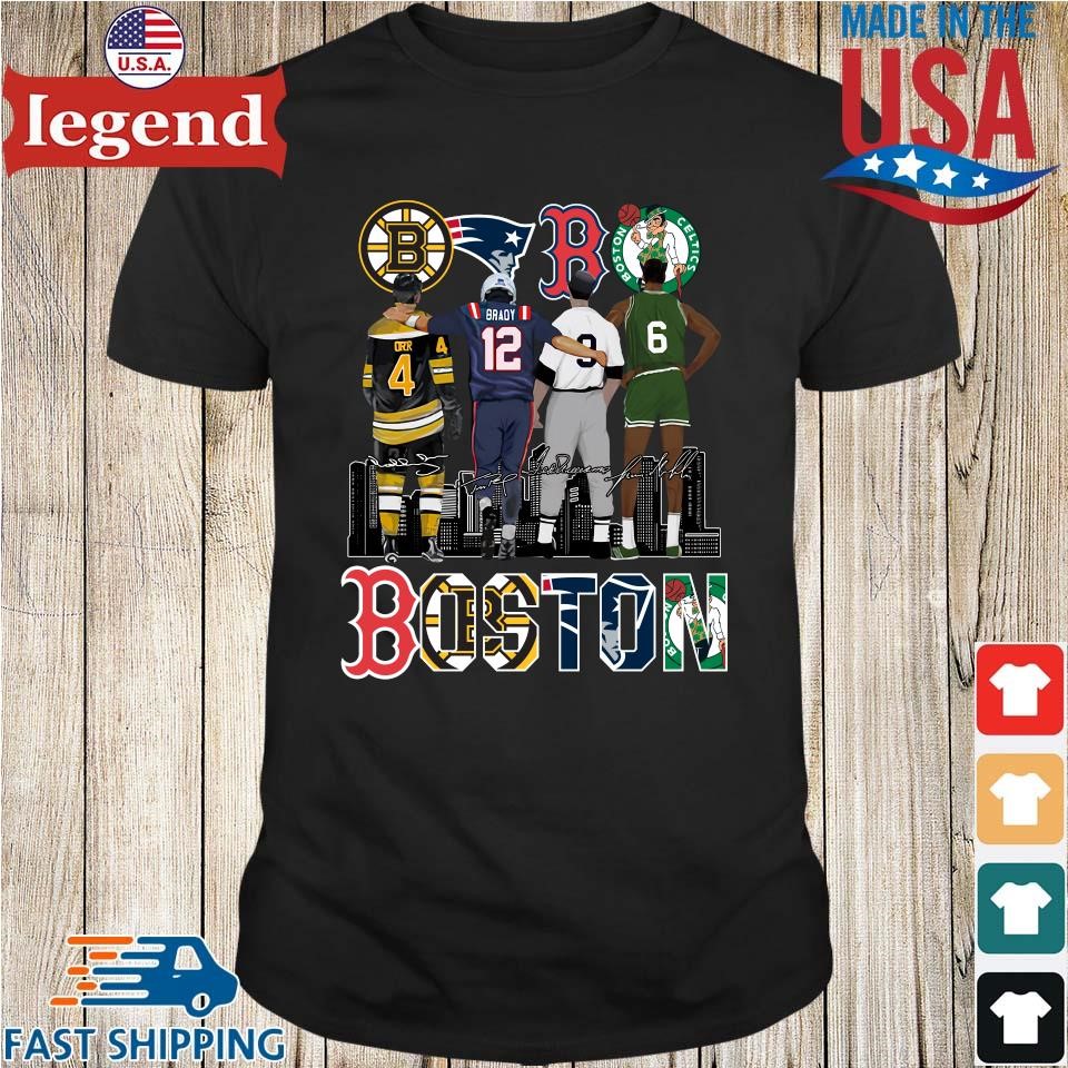 Official Boston Sports Bobby Orr Tom Brady Ted Williams And Bill Russell  Signatures T-shirt,Sweater, Hoodie, And Long Sleeved, Ladies, Tank Top