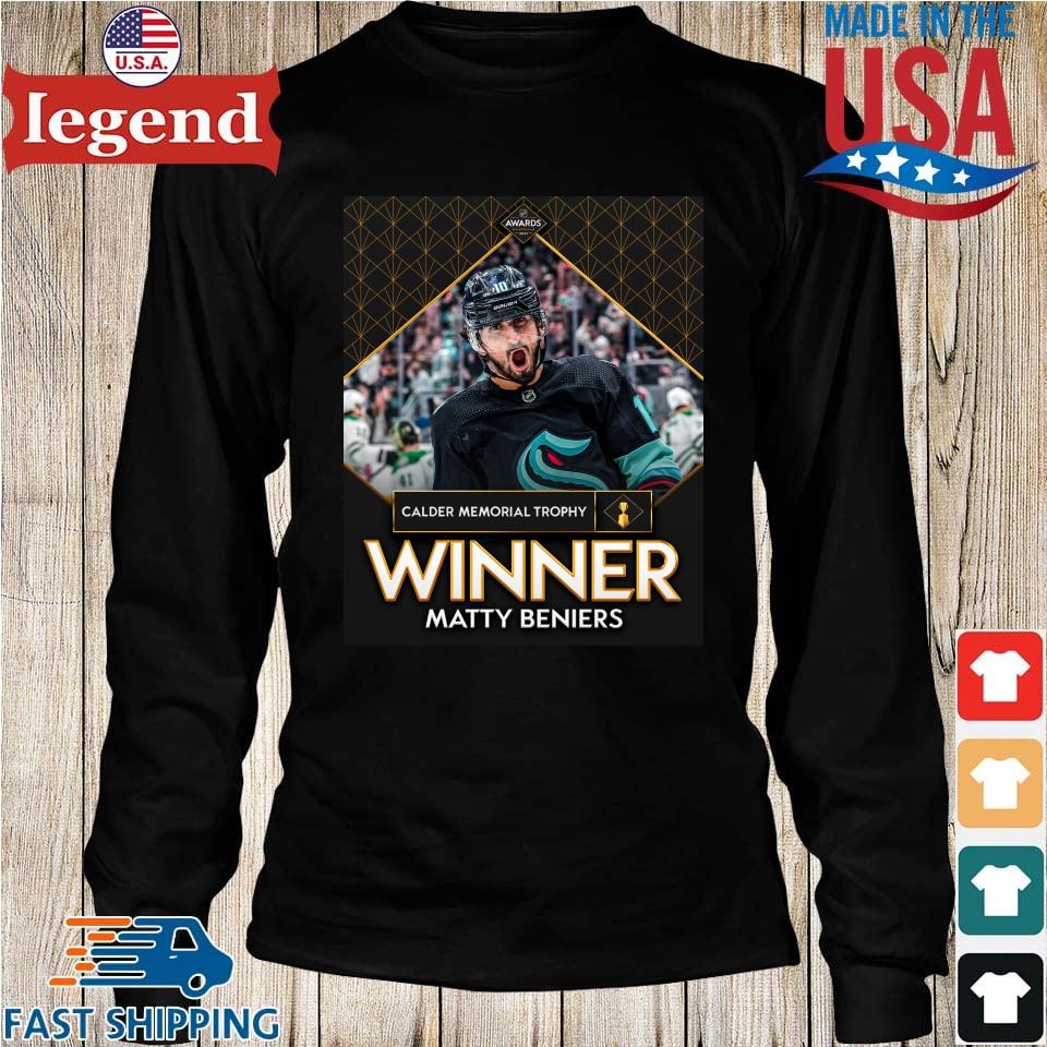 Official matty beniers calder memorial trophy winner signature Michigan  hockey T-shirt, hoodie, sweater, long sleeve and tank top