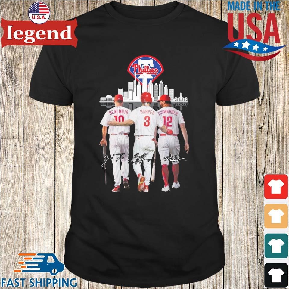 J. T. Realmuto Bryce Harper And Kyle Schwarber Philadelphia Phillies  Skylines Signatures 2023 T-shirt,Sweater, Hoodie, And Long Sleeved, Ladies,  Tank Top