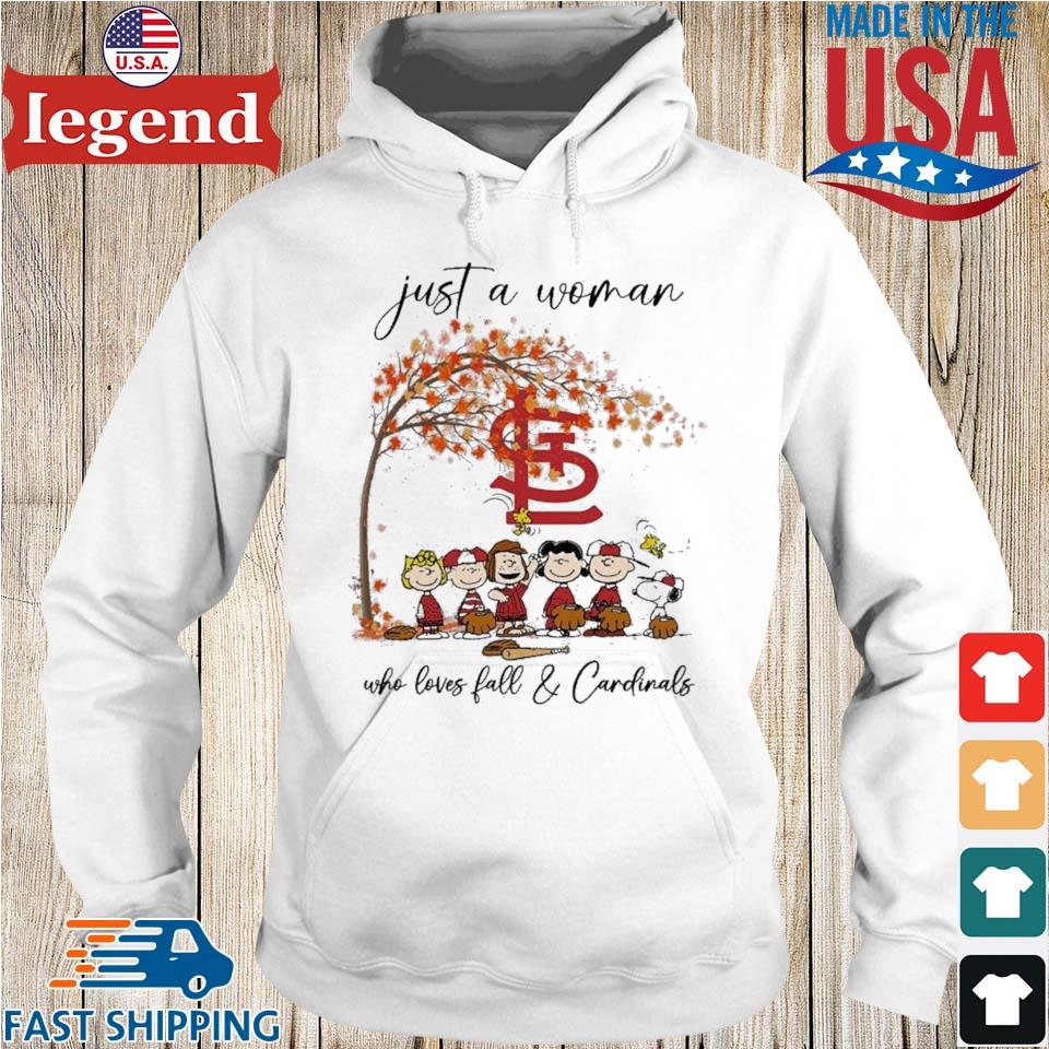 Just A Woman Who Loves Fall St Louis Cardinals Peanuts Cartoon shirt,  hoodie, sweater, long sleeve and tank top