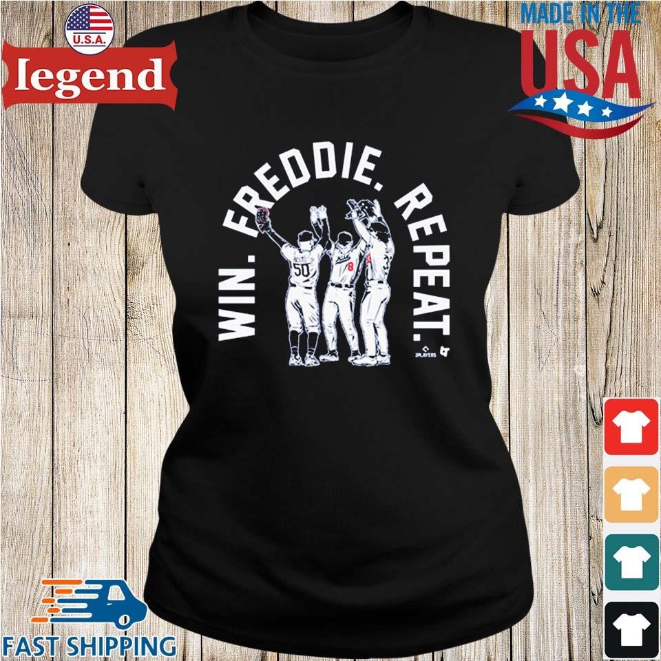 Mookie Betts, James Outman, & kiké Hernandez: Win. Freddie. Repeat., Women's V-Neck T-Shirt / Extra Large - MLB - Sports Fan Gear | breakingt