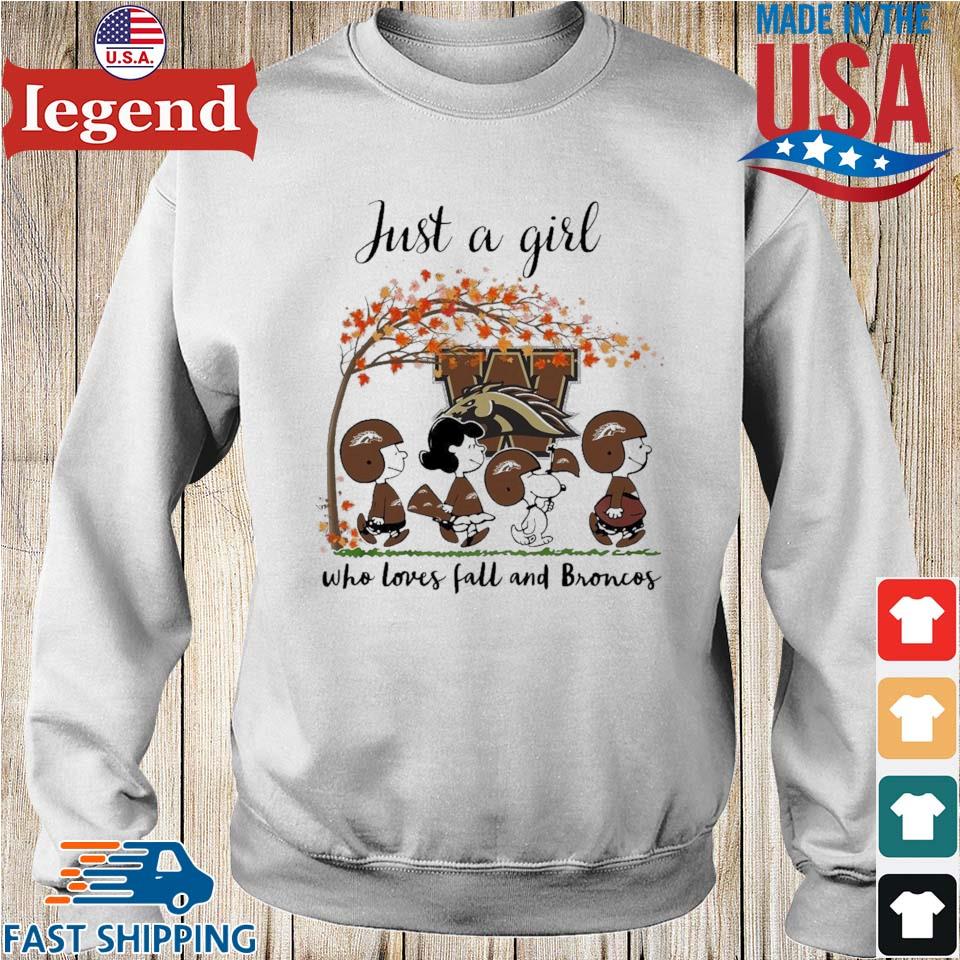 Just A Woman Who Loves Fall and Western Michigan Broncos Peanuts Cartoon T- shirt, hoodie, sweater, long sleeve and tank top