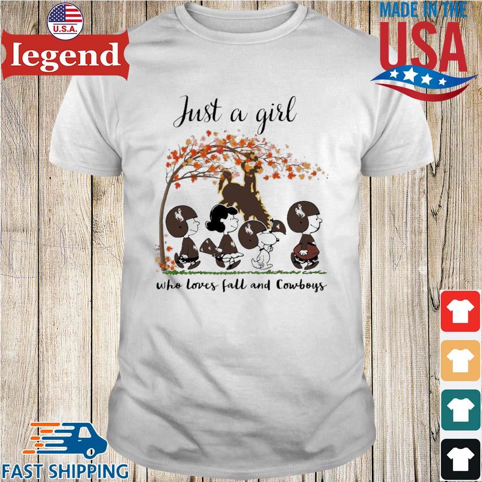 Just A Woman Who Loves Fall And Wyoming Cowboys Peanuts Cartoon 2023 T-shirt,Sweater,  Hoodie, And Long Sleeved, Ladies, Tank Top