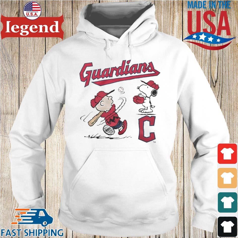 Charlie Brown And Snoopy Playing Baseball Cleveland Guardians Mlb 2023 T- shirt,Sweater, Hoodie, And Long Sleeved, Ladies, Tank Top
