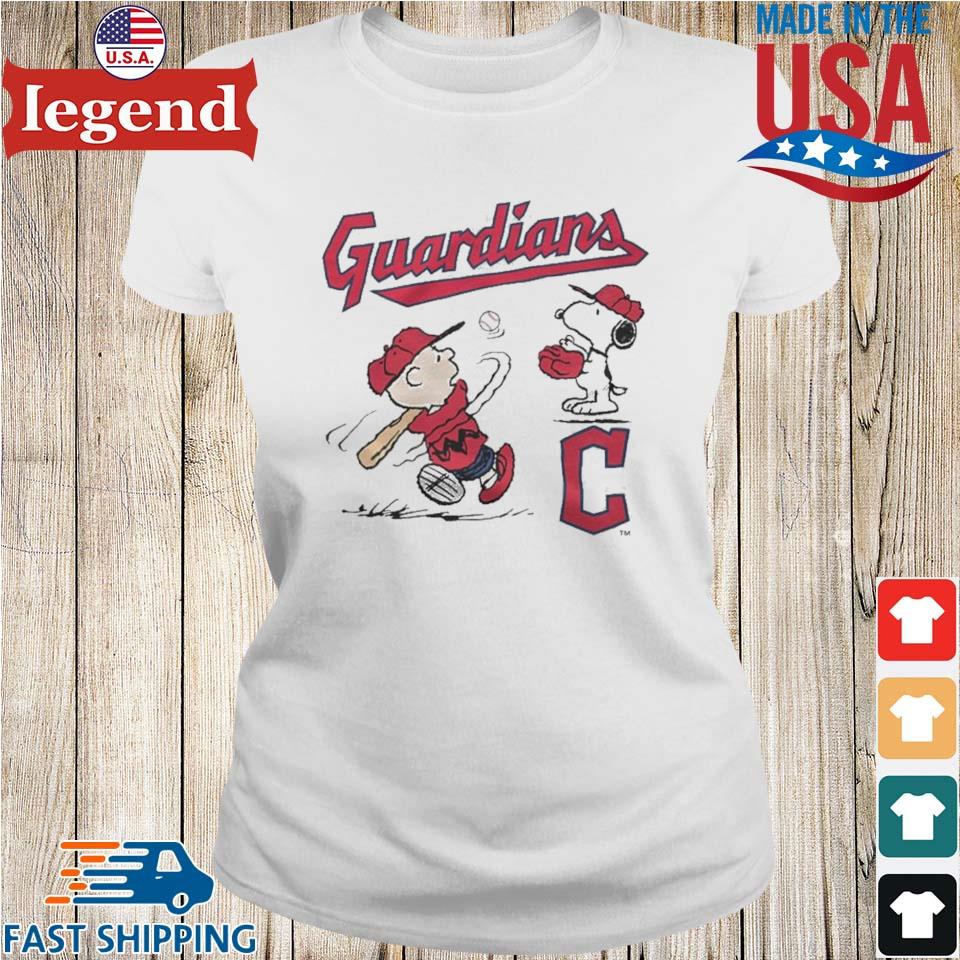 Charlie Brown And Snoopy Playing Baseball Cleveland Guardians Mlb 2023 T- shirt,Sweater, Hoodie, And Long Sleeved, Ladies, Tank Top