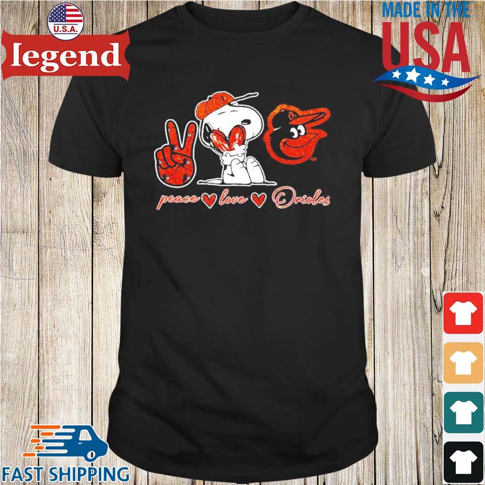 Snoopy Peace Love Baltimore Orioles Baseball Logo 2023 T-shirt