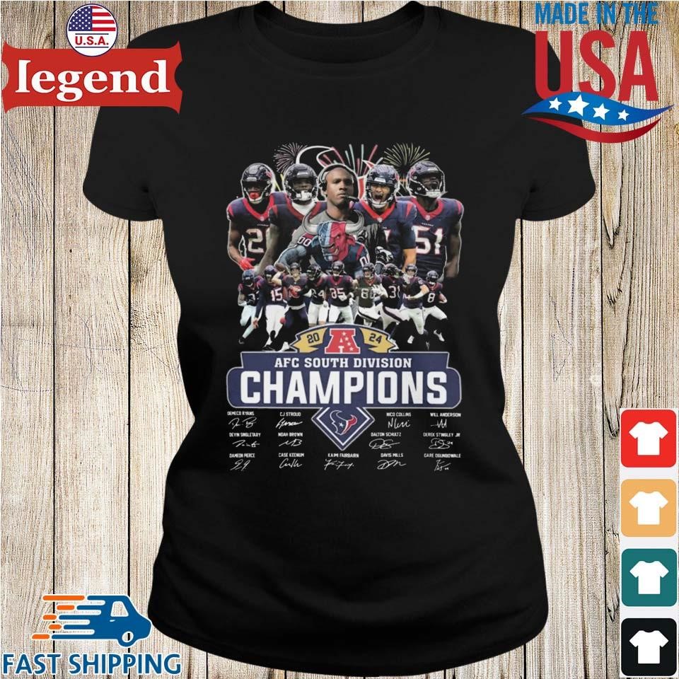 Houston Texans Team 2024 Afc South Division Champions Signatures Fireworks T shirt Sweater Hoodie And Long Sleeved Ladies Tank Top