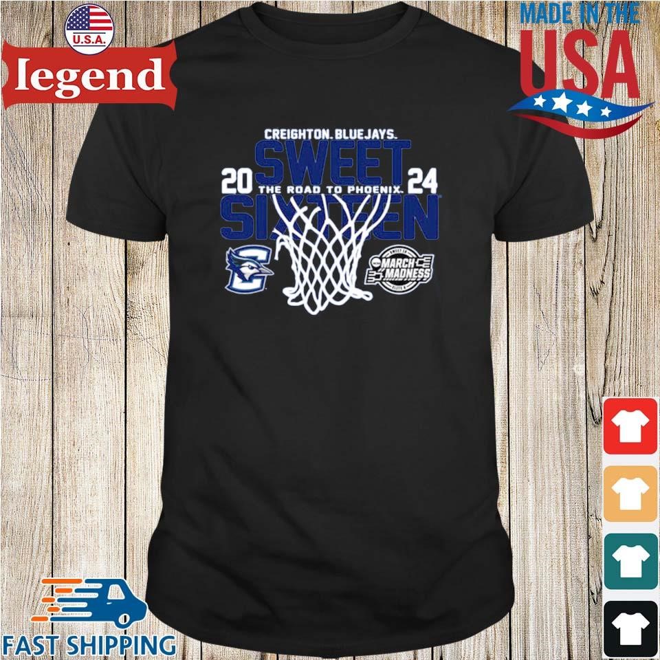 Original Creighton Bluejays Blue 2024 Sweet Sixteen The Road To Phoenix March Madness T-shirt