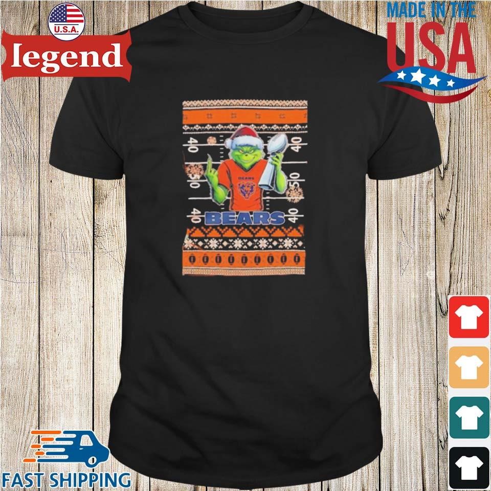 Chicago Bears X Grinch Christmas With Super Bowl Trophy Ugly Christmas Shirt