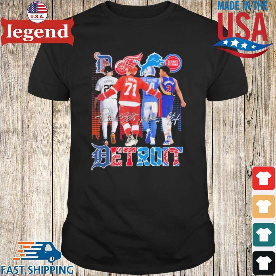 Detroit Sports Teams Tarik Skubal Dylan Larkin Amon Ra St. Brown And Cade Cunningham Signatures Shirt