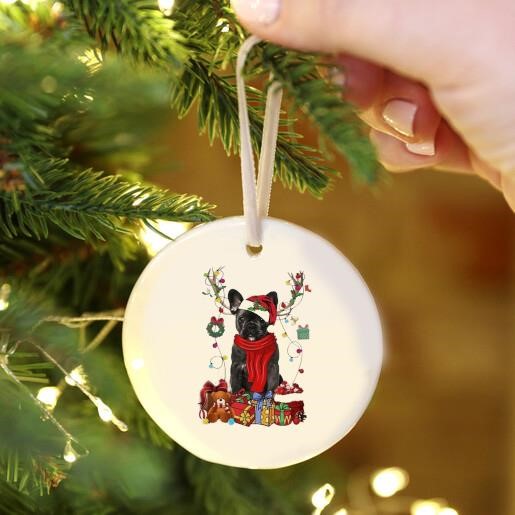 French Bulldog Reindeer Xmas Lights Merry Christmas Ornament