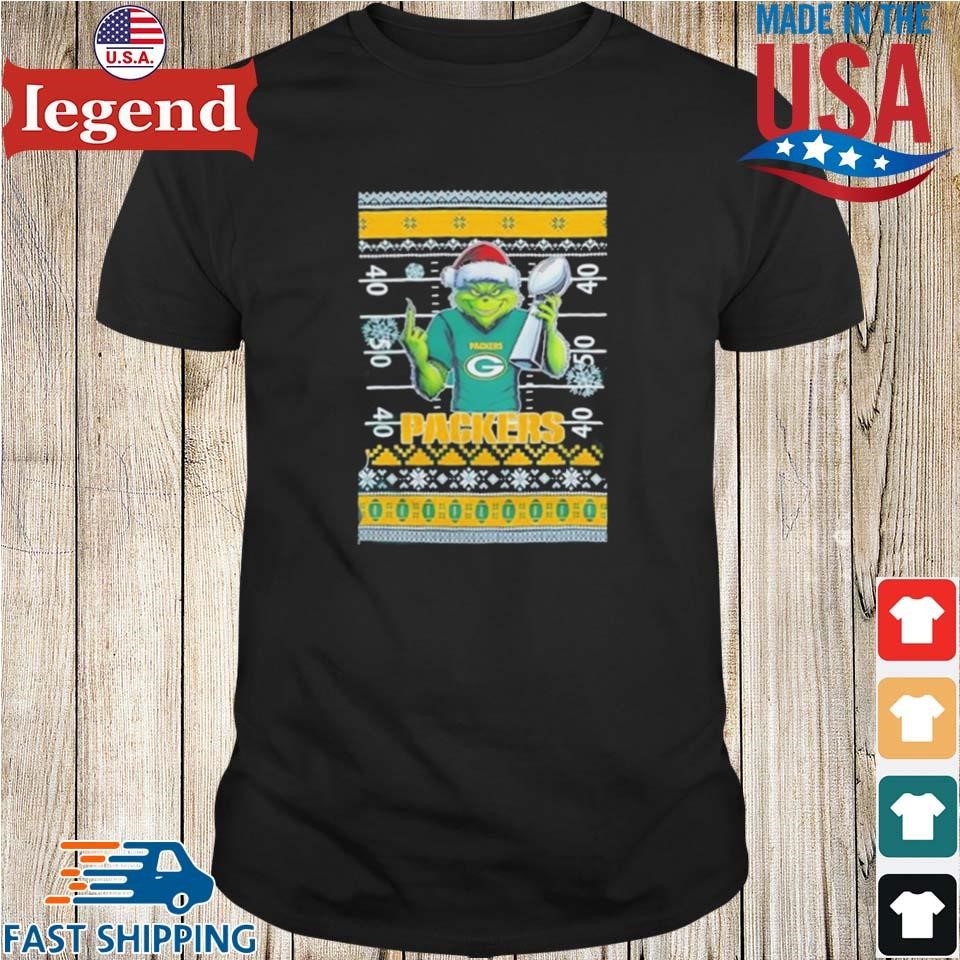 Green Bay Packers X Grinch Christmas With Super Bowl Trophy Ugly Christmas Shirt