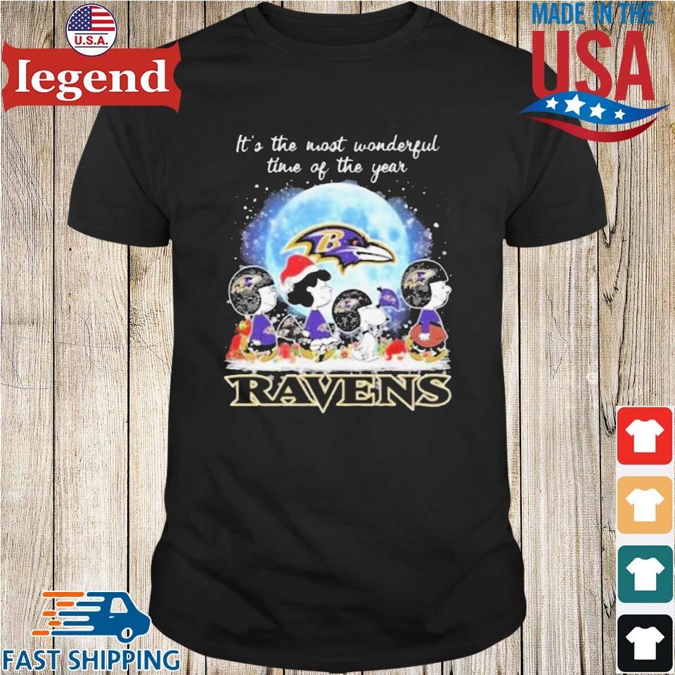 It’s The Most Wonderful Time Of The Years Peanuts Characters X Baltimore Ravens Merry Christmas 2024 Shirt