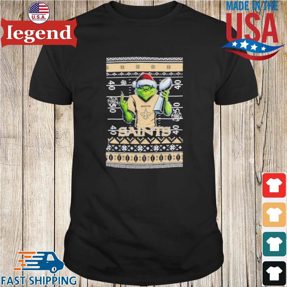 New Orleans Saints X Grinch Christmas With Super Bowl Trophy Ugly Christmas Shirt