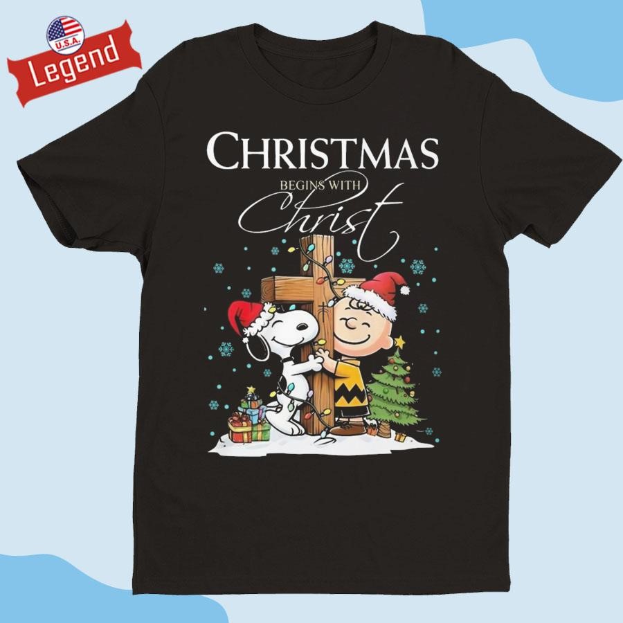 Original Snoopy And Charlie Brown Christmas Begins With Christ 2024 Shirt