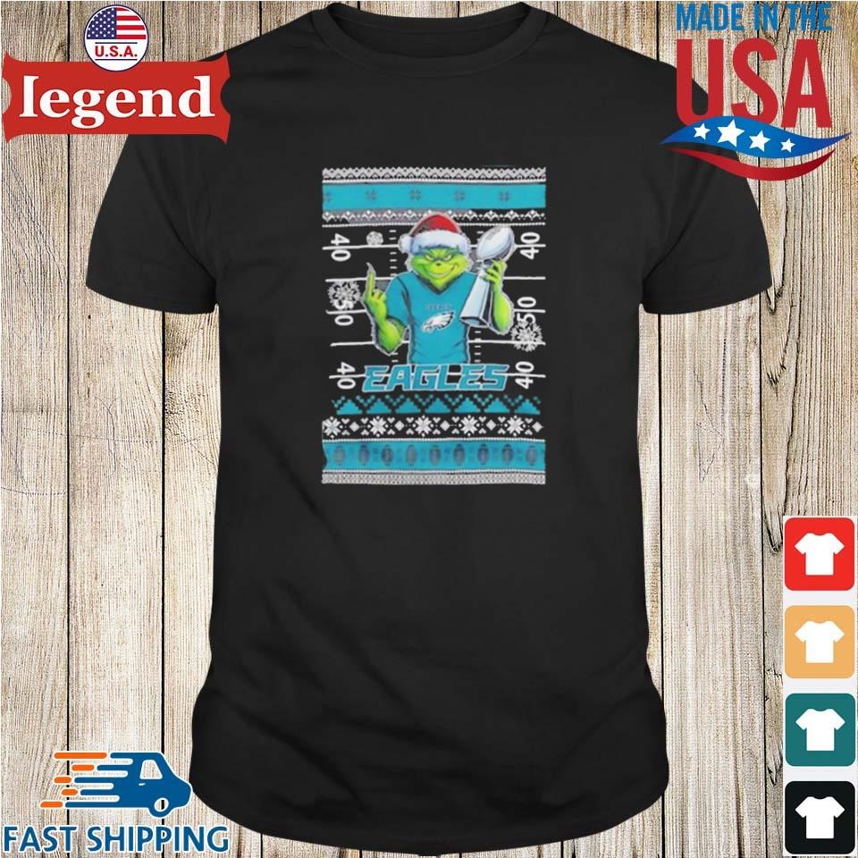 Philadelphia Eagles X Grinch Christmas With Super Bowl Trophy Ugly Christmas Shirt