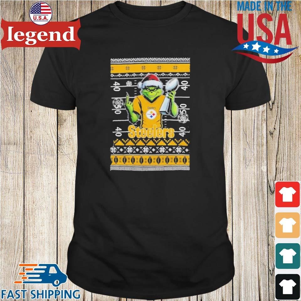 Pittsburgh Steelers X Grinch Christmas With Super Bowl Trophy Ugly Christmas Shirt