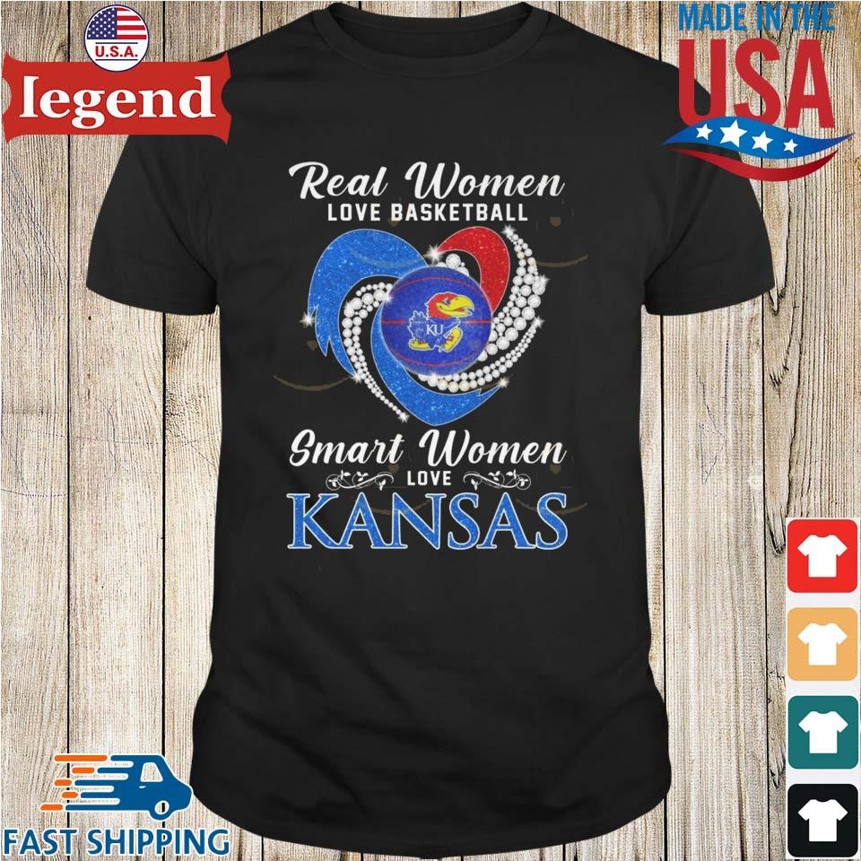 Real Women Love Basketball Smart Women Love Kansas Jayhawks Diamond Heart 2024 Shirt