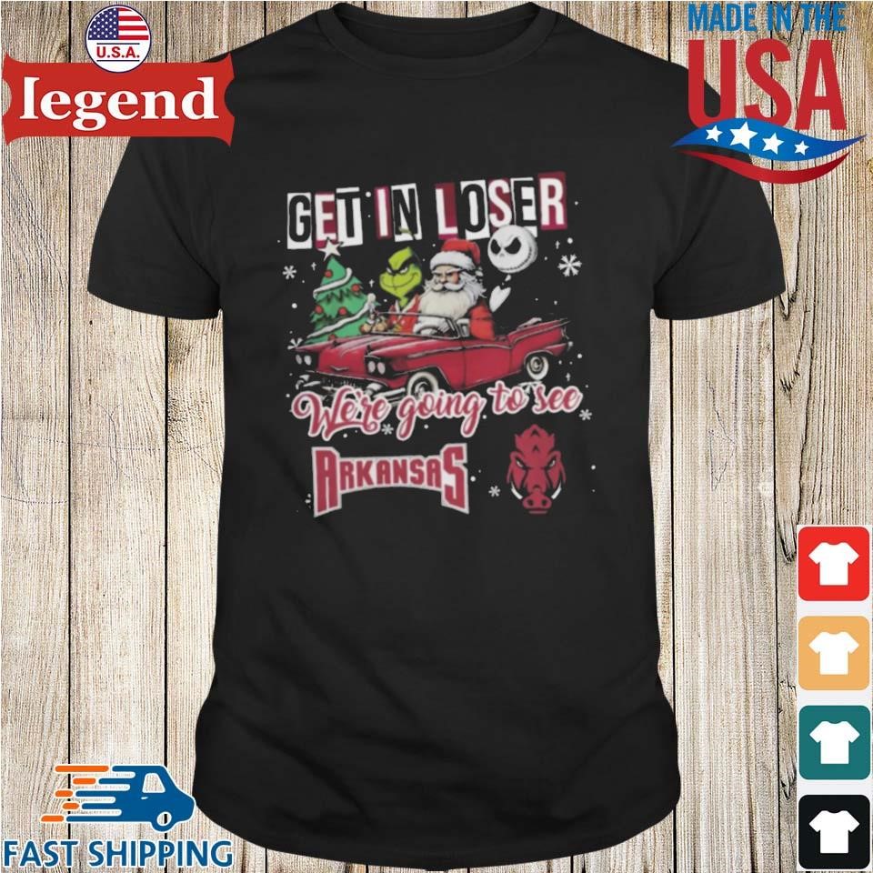 Santa Grinch And Jack Skellington Driving Car Get In Loser We're Going To See Arkansas Razorbacks Christmas Shirt