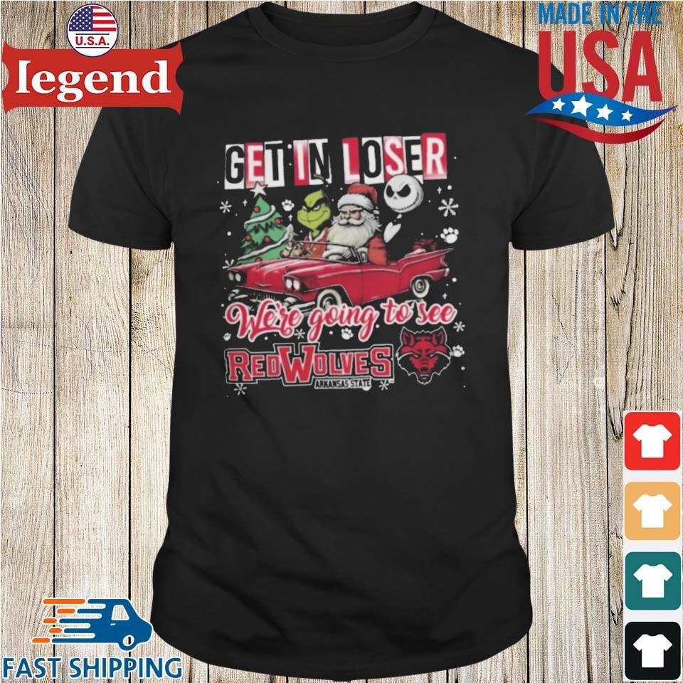 Santa Grinch And Jack Skellington Driving Car Get In Loser We're Going To See Arkansas State Red Wolves Christmas Shirt