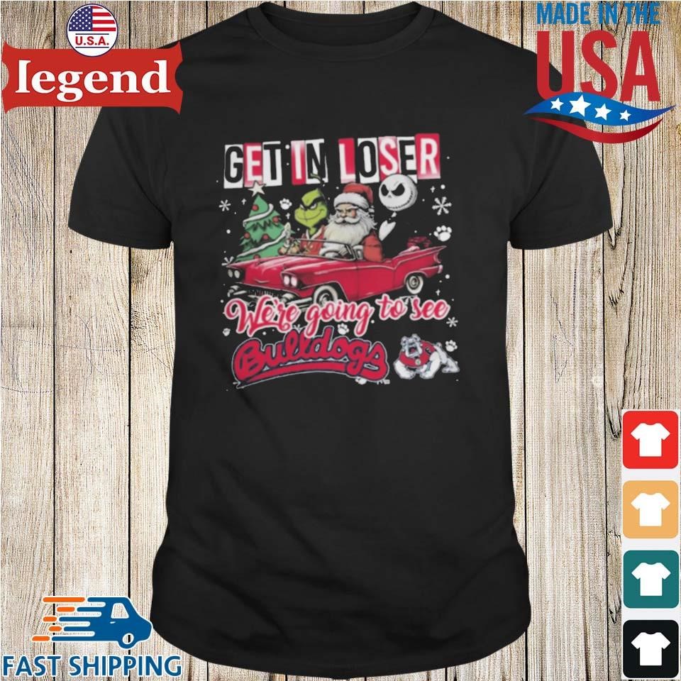 Santa Grinch And Jack Skellington Driving Car Get In Loser We're Going To See Fresno State Bulldogs Christmas Shirt