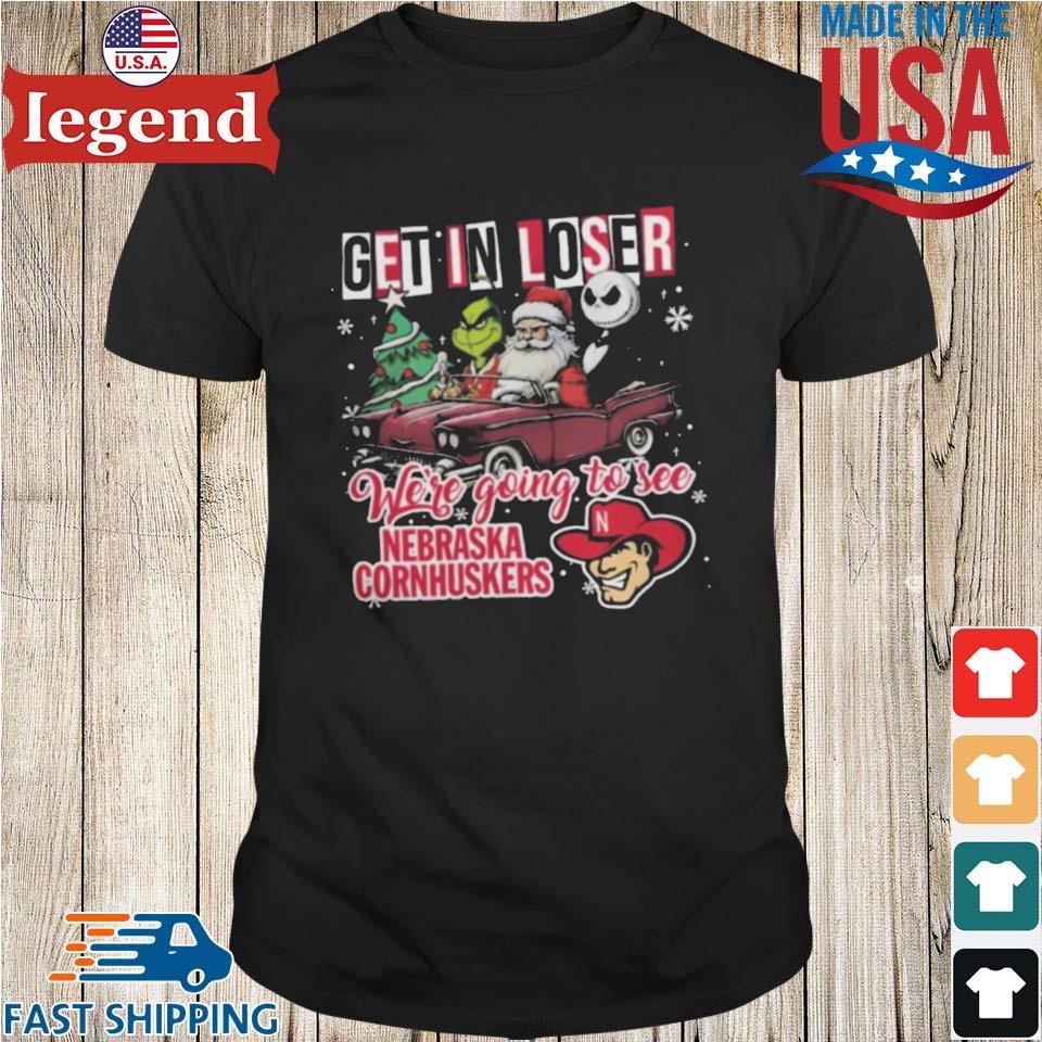 Santa Grinch And Jack Skellington Driving Car Get In Loser We're Going To See Nebraska Cornhuskers Christmas Shirt