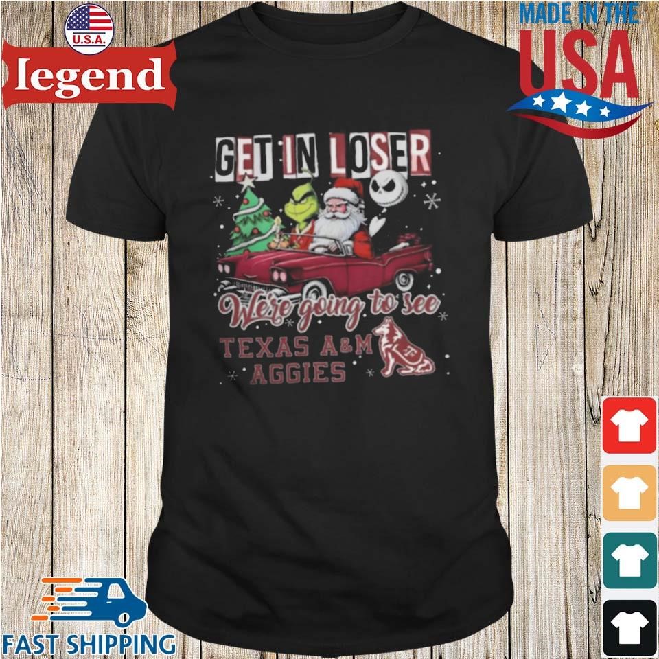 Santa Grinch And Jack Skellington Driving Car Get In Loser We're Going To See Texas A&M Aggies Christmas Shirt