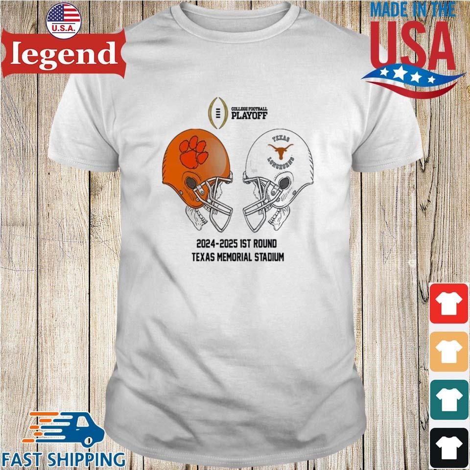 CFB Playoff 2024-2025 1st Round NCAA Bowl Games Clemson Tigers vs Texas Longhorns At Texas Memorial Stadium Skull Helmet Head To Head Shirt