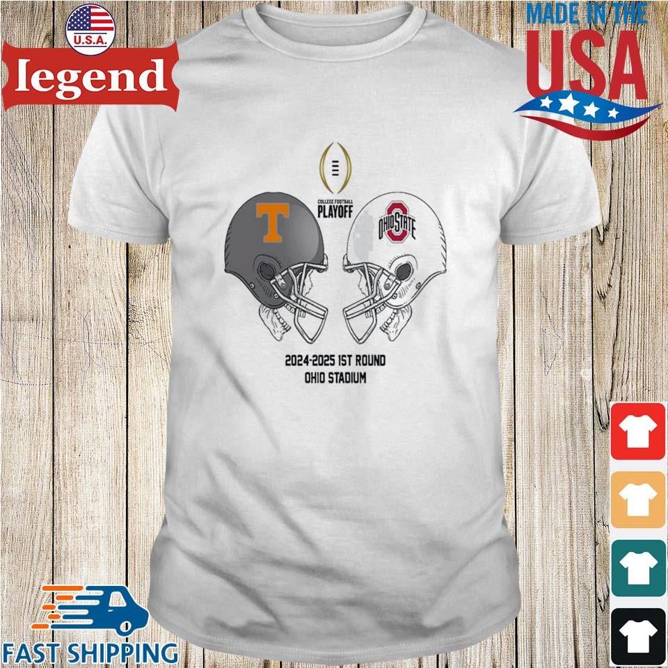 NCAA 2024-2025 Bowl Games CFP Playoff First RD Tennessee Volunteers vs Ohio State Buckeyes At Ohio Stadium Skull Helmet Head To Head T-shirt