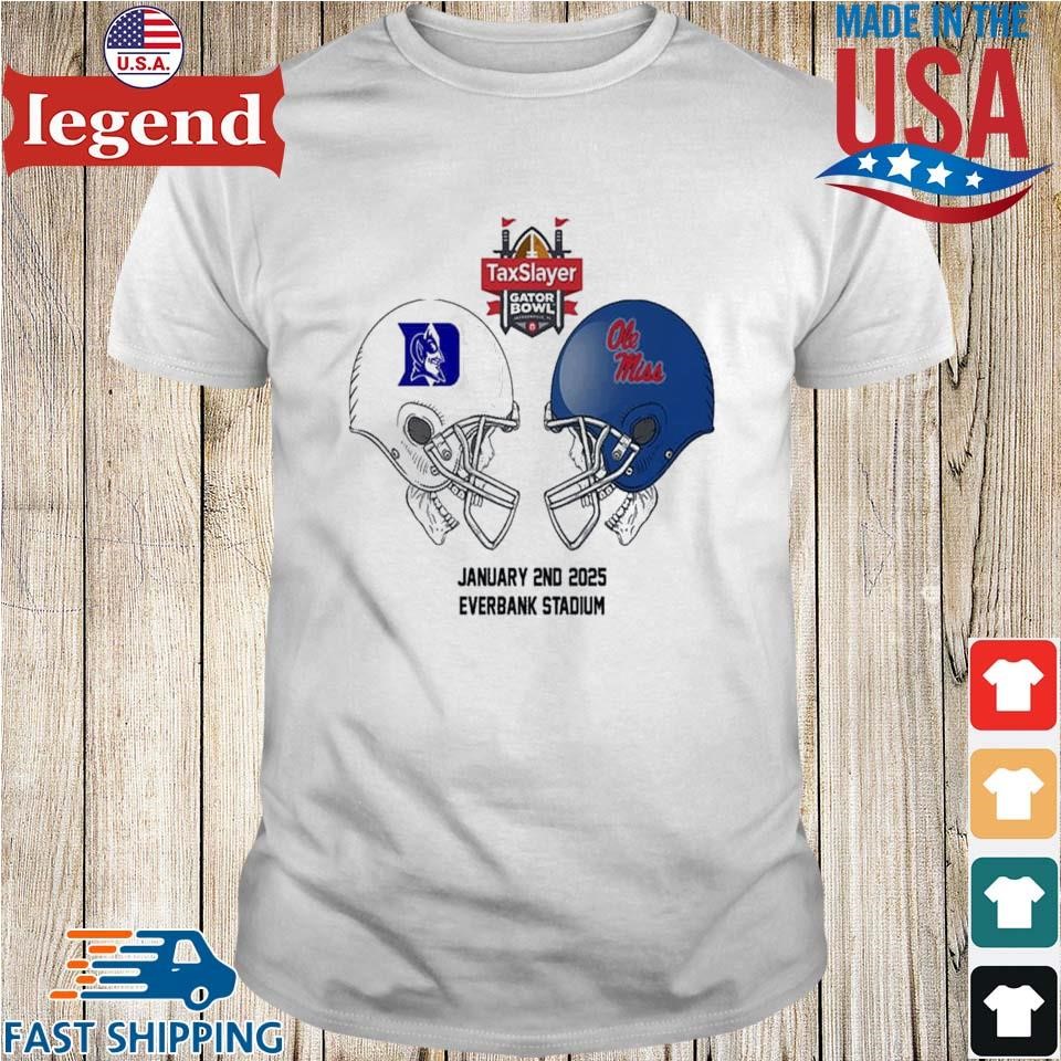 Taxslayer Gator Bowl NCAA 2024-2025 Bowl Games Duke Blue Devils vs Ole Miss Rebels At Duke Blue Devils Skull Helmet Head To Head Shirt