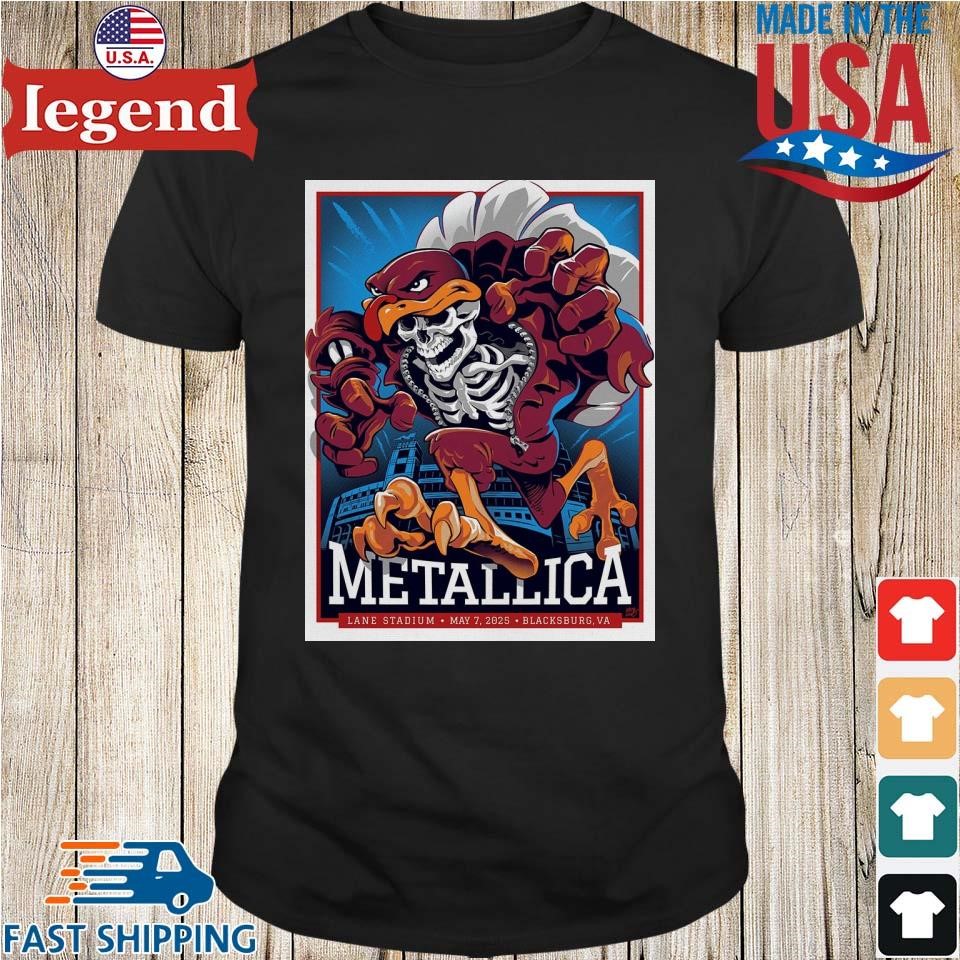 Metallica M72 Virginia Tech 2025 Venue In Blacksburg VA At Lane Stadium On May 7 2025 Skeleton Mascot Hokie Bird Shirt